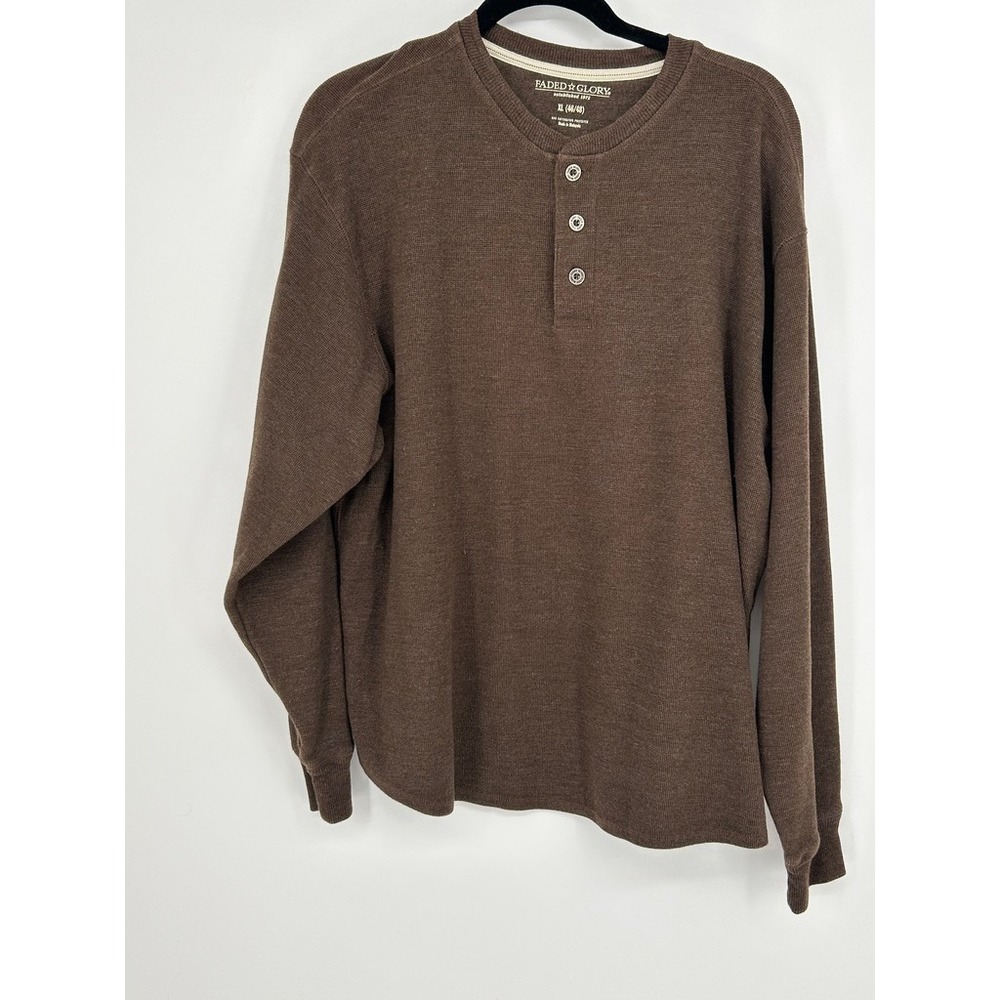 Mens XL Brown Waffle Knit Thermal Henley Shirt Grunge Outdoor Gorpcore Granola